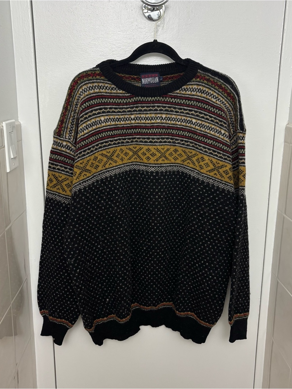 Vintage Norweigian Designs Fair Isle Wool Sweater Mens L - Nordic Knit Multicol